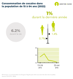 6.2% des personnes de 15 à 64 ans ont déjà consommé de la cocaïne durant leur vie. 1% ont consommé de la cocaïne durant la dernière année. La consommation de cocaïne durant la dernière année est plus répandue chez les personnes âgées de 24 à 34 ans. Elle est plus répandue chez les hommes (1.4%) que chez les femmes (0.7%) (données de 2022).